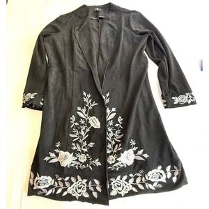 CURATIONS Black Embroidered Suede Waterfall Open Front Cardigan Jacket M